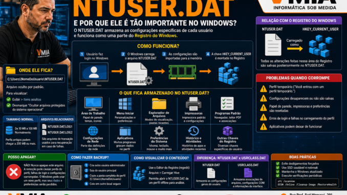 Técnico da VMIA explicando o arquivo NTUSER.DAT, sua relação com o Registro do Windows e as configurações armazenadas no perfil do usuário.