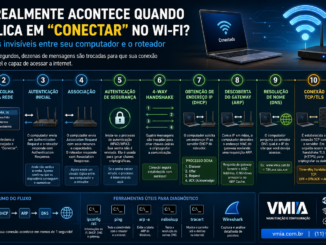 Infográfico Mostrando Os 11 Passos Que Acontecem Quando Um Computador Se Conecta A Uma Rede Wi-Fi, Incluindo Descoberta Da Rede, Autenticação Wpa2/Wpa3, 4-Way Handshake, Obtenção De Endereço Ip Via Dhcp, Resolução Arp, Consulta Dns, Conexão Tcp/Tls E Acesso À Internet.