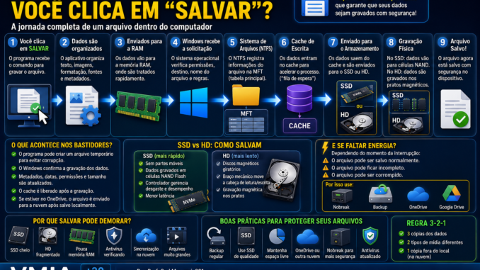 Infográfico mostrando o processo completo de salvamento de arquivos no Windows, desde a memória RAM até a gravação final em SSD ou HD.