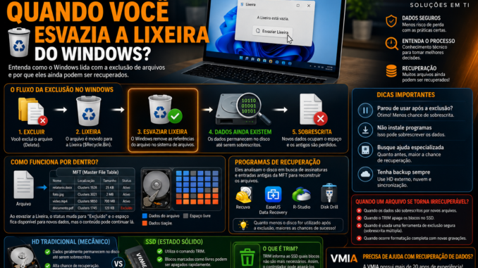 Infográfico explicando o que acontece quando a Lixeira do Windows é esvaziada, incluindo NTFS, MFT, recuperação de arquivos, SSD, HD e tecnologia TRIM.
