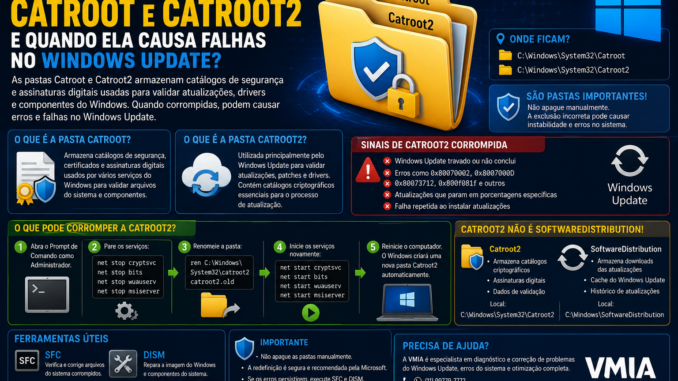 Infográfico explicando as pastas Catroot e Catroot2 do Windows, suas funções no armazenamento de catálogos criptográficos, relação com o Windows Update e procedimento seguro para redefinir a pasta Catroot2 quando ocorrem erros de atualização.