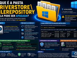 Infográfico Explicando A Pasta Driverstore Filerepository Do Windows, Sua Função No Armazenamento De Drivers, Motivos Do Crescimento Do Espaço Ocupado E Métodos Seguros Para Remover Drivers Antigos Utilizando Pnputil E Driver Store Explorer.