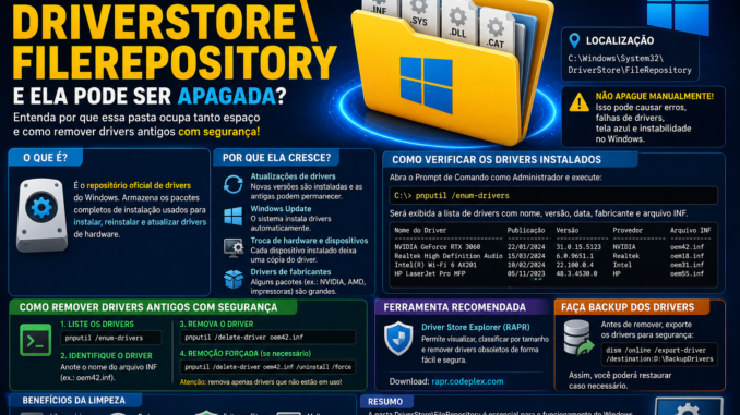 Infográfico explicando a pasta DriverStore FileRepository do Windows, sua função no armazenamento de drivers, motivos do crescimento do espaço ocupado e métodos seguros para remover drivers antigos utilizando PnPUtil e Driver Store Explorer.