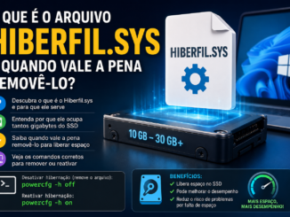 Ilustração Explicando O Arquivo Hiberfil.sys Do Windows, Mostrando Armazenamento Em Ssd, Hibernação, Fast Startup E Comandos Para Remover Ou Reativar O Recurso.