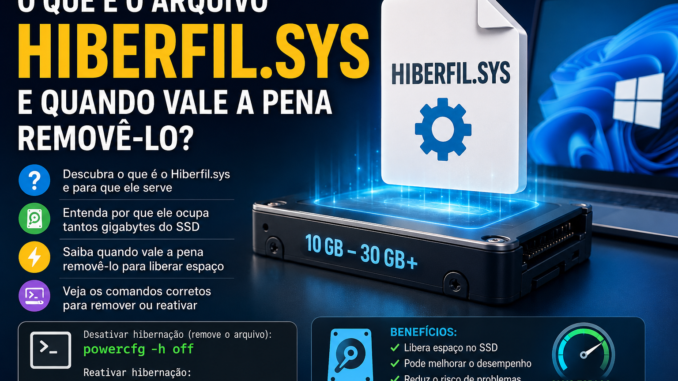 Ilustração explicando o arquivo Hiberfil.sys do Windows, mostrando armazenamento em SSD, hibernação, Fast Startup e comandos para remover ou reativar o recurso.