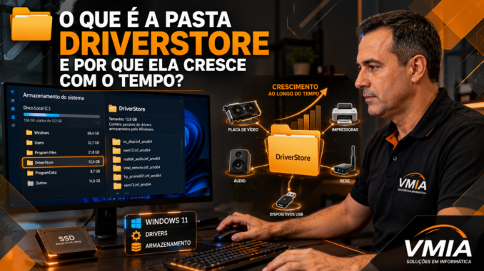 Técnico da VMIA analisando a pasta DriverStore do Windows e o espaço ocupado por drivers armazenados no sistema.
