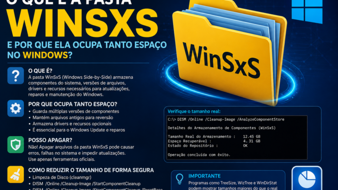 Ilustração mostrando a pasta WinSxS do Windows, explicando sua função como repositório de componentes do sistema, motivo do alto consumo de espaço em disco e métodos seguros para limpeza utilizando DISM e Limpeza de Disco.