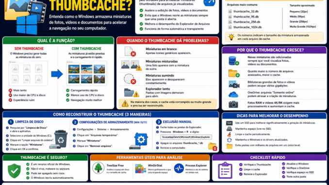 Infográfico explicando o arquivo Thumbcache do Windows, mostrando sua função no armazenamento de miniaturas de fotos e vídeos, localização dos arquivos thumbcache.db, problemas comuns e métodos para reconstruir o cache.