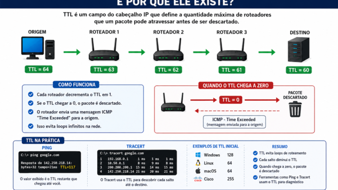 Infográfico explicando o funcionamento do TTL (Time To Live) em pacotes IP, mostrando a redução do valor TTL em cada roteador, exemplos com Ping e Tracert e a prevenção de loops de roteamento.