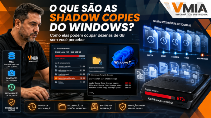 Técnico da VMIA analisando Shadow Copies do Windows, snapshots VSS e consumo de espaço na pasta System Volume Information de um SSD.