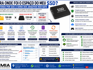 Infográfico Mostrando Por Que Um Ssd Pode Estar Cheio Mesmo Quando A Soma Dos Arquivos Visíveis Não Ocupa Todo O Espaço, Destacando Winsxs, Hiberfil.sys, Pagefile.sys, Shadow Copies E Windows Update.