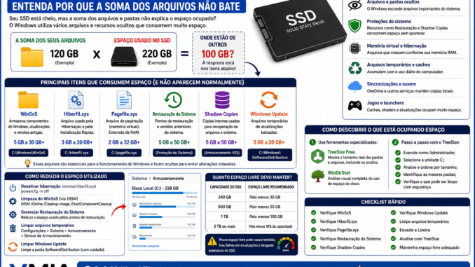 Infográfico mostrando por que um SSD pode estar cheio mesmo quando a soma dos arquivos visíveis não ocupa todo o espaço, destacando WinSxS, Hiberfil.sys, Pagefile.sys, Shadow Copies e Windows Update.