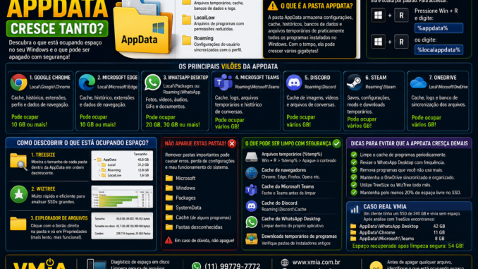 Pasta AppData do Windows ocupando muito espaço em disco, mostrando os principais responsáveis como Chrome, Edge, WhatsApp Desktop, Teams, Discord, Steam e OneDrive.