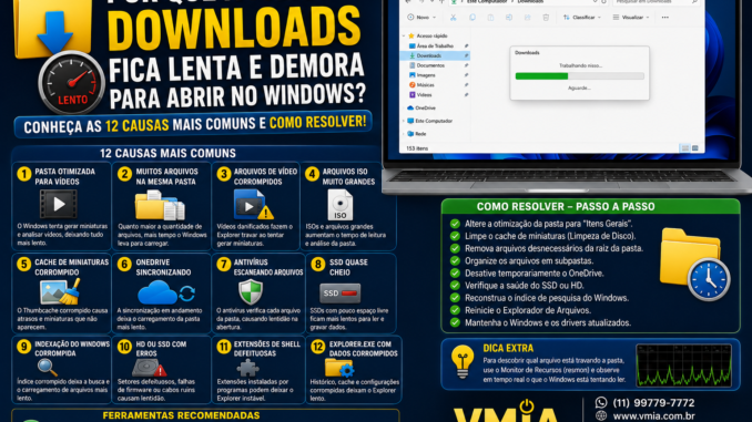 Pasta Downloads do Windows carregando lentamente com barra de progresso, mostrando causas como muitos arquivos, vídeos corrompidos, cache de miniaturas, OneDrive, SSD cheio e indexação do Windows.