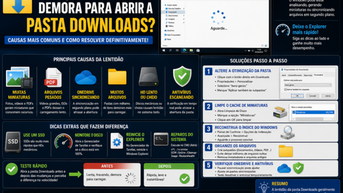 Tela do Windows mostrando a pasta Downloads demorando para carregar enquanto são exibidas as principais causas da lentidão e as soluções para otimizar o Explorador de Arquivos.