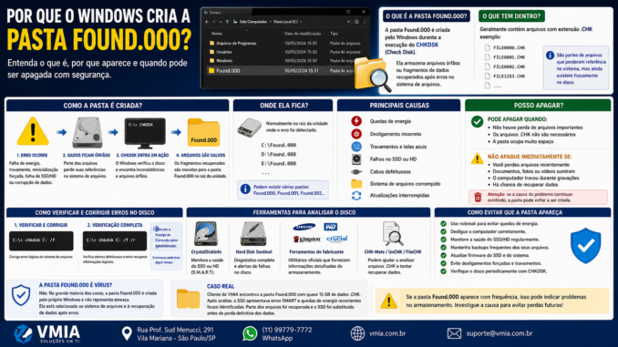 Infográfico explicando a pasta Found.000 do Windows, mostrando como ela é criada pelo CHKDSK, o significado dos arquivos .CHK, causas do problema e quando é seguro apagá-la.