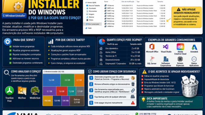 Infográfico explicando a pasta Installer do Windows, mostrando sua função no armazenamento de arquivos MSI e MSP, consumo de espaço em disco e cuidados para não apagar arquivos importantes.