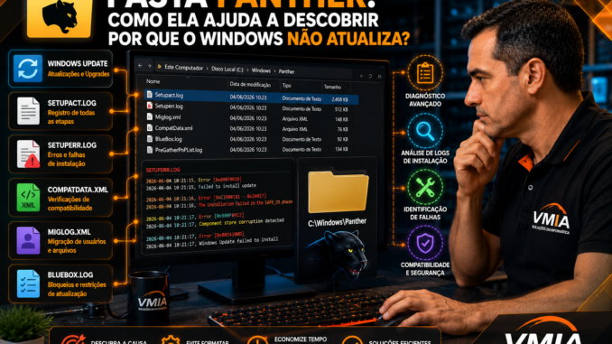Técnico da VMIA analisando a pasta Panther do Windows para identificar falhas de atualização, erros de instalação e problemas de compatibilidade.