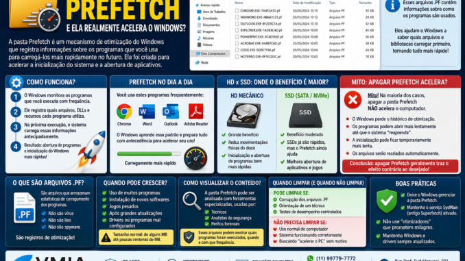 Infográfico explicando a pasta Prefetch do Windows, mostrando como os arquivos PF ajudam a acelerar a inicialização do sistema e a abertura de programas, além de desmistificar a prática de apagar a pasta para melhorar o desempenho.