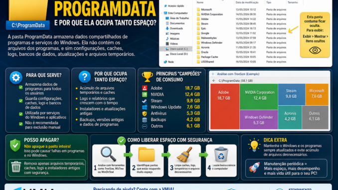 Infográfico explicando a pasta ProgramData do Windows, mostrando sua localização, principais consumidores de espaço como Adobe, NVIDIA e Steam, e orientações para limpeza segura.