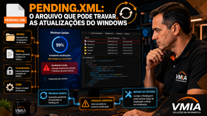 Técnico da VMIA analisando o arquivo Pending.xml responsável por operações pendentes e problemas em atualizações do Windows.