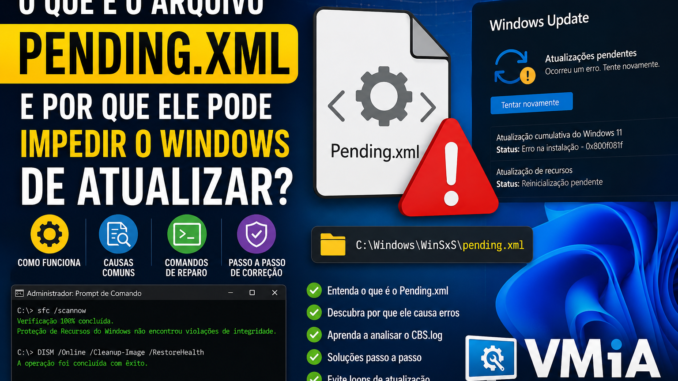 Ilustração explicando o arquivo Pending.xml do Windows, mostrando erros do Windows Update, comandos SFC e DISM e métodos de correção para atualizações que não concluem.