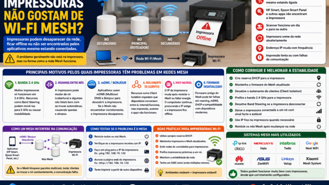 Infográfico explicando por que impressoras Wi-Fi podem apresentar problemas em redes Mesh, abordando roaming, Band Steering, mDNS, Bonjour, DHCP e configurações de estabilidade.
