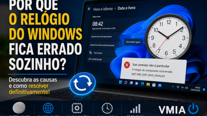Tela do Windows 11 mostrando configurações de data e hora, relógio analógico e mensagem de erro de certificado devido a horário incorreto no computador.