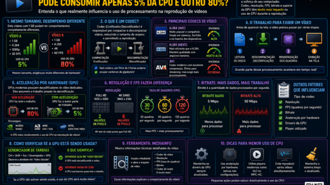 Infográfico técnico explicando por que vídeos com o mesmo tamanho podem consumir quantidades diferentes de CPU, abordando codecs H.264, H.265, AV1, resolução, FPS, bitrate e aceleração por hardware da GPU.