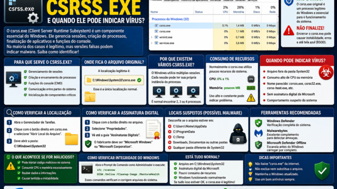 Infográfico explicando o processo csrss.exe do Windows, sua função no sistema operacional, localização correta, consumo de recursos e sinais que podem indicar malware.