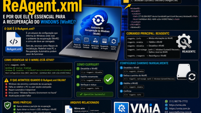 Infográfico técnico explicando o arquivo ReAgent.xml do Windows, sua relação com o WinRE, comandos REAGENTC e procedimentos para corrigir falhas no Ambiente de Recuperação do Windows.
