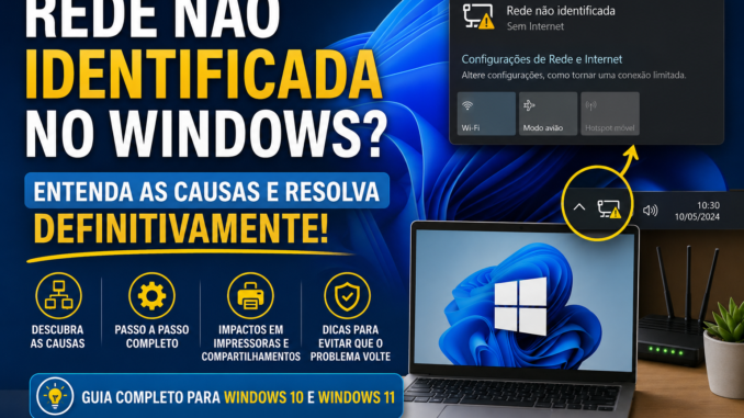 Notebook com Windows 11 exibindo erro "Rede Não Identificada" ao lado de um roteador Wi-Fi, ilustrando guia completo para diagnosticar e corrigir problemas de rede no Windows 10 e Windows 11.