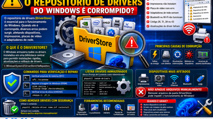 Infográfico técnico explicando o que acontece quando o DriverStore do Windows é corrompido, mostrando sintomas, causas, ferramentas de reparo e métodos seguros para diagnosticar problemas de drivers.
