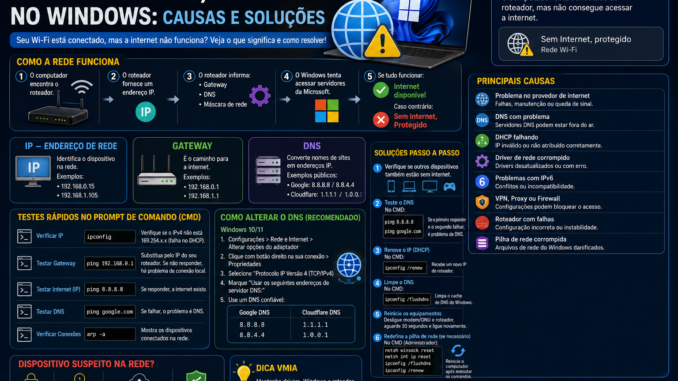 Infográfico explicando o erro "Sem Internet, Protegido" no Windows, mostrando causas comuns, testes de rede, comandos CMD, configurações de DNS e soluções passo a passo para restaurar a conexão com a internet.