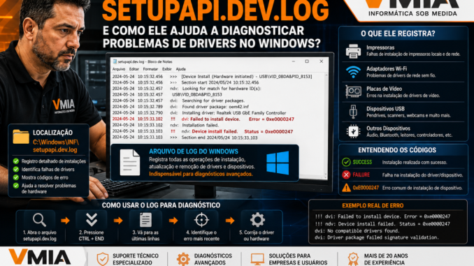 Técnico da VMIA analisando o arquivo SetupAPI.dev.log do Windows para diagnosticar falhas de drivers de impressoras, Wi-Fi, USB e placas de vídeo.