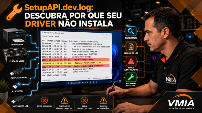 Técnico da VMIA analisando o arquivo SetupAPI.dev.log para diagnosticar falhas de instalação de drivers no Windows.