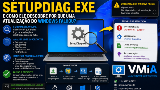 Infográfico explicando a ferramenta SetupDiag.exe da Microsoft, utilizada para analisar logs do Windows Update e identificar causas de falhas em atualizações do Windows 10 e Windows 11.