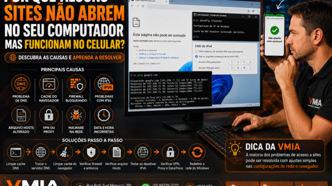 Técnico da VMIA diagnosticando problema de acesso a sites no Windows enquanto o site funciona normalmente no celular. Tela exibe configurações de DNS, Prompt de Comando e erros de navegação.
