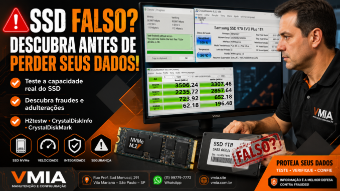 Técnico da VMIA analisando SSD falso utilizando H2testw, CrystalDiskInfo e CrystalDiskMark para verificar capacidade real e autenticidade do dispositivo.