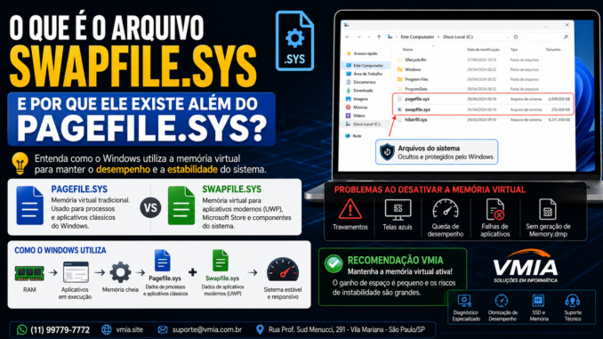 Ilustração técnica mostrando o funcionamento do arquivo Swapfile.sys e sua diferença em relação ao Pagefile.sys no gerenciamento de memória virtual do Windows.