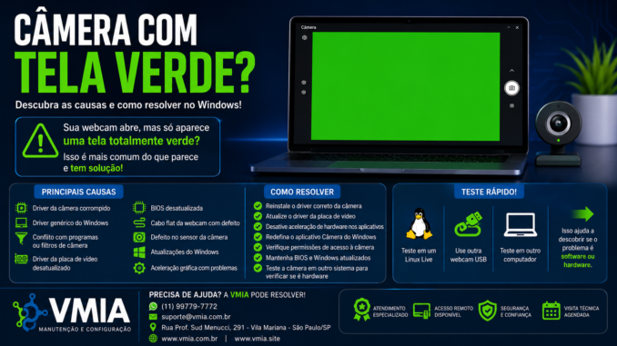 Notebook exibindo tela verde na webcam enquanto acessa o aplicativo Câmera do Windows, ilustrando um problema causado por driver, hardware ou configuração incorreta.