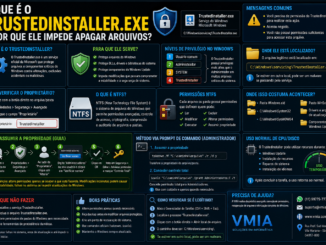 Infográfico Explicando O Trustedinstaller.exe No Windows, Mostrando Permissões Ntfs, Níveis De Privilégio, Proteção De Arquivos Do Sistema E Como Assumir A Propriedade De Arquivos Protegidos.