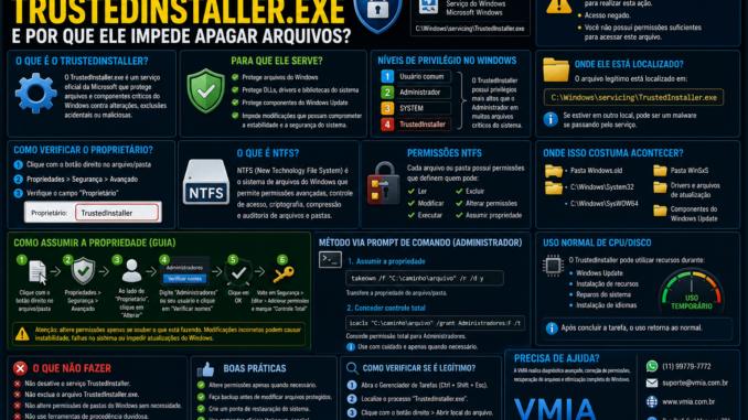 Infográfico explicando o TrustedInstaller.exe no Windows, mostrando permissões NTFS, níveis de privilégio, proteção de arquivos do sistema e como assumir a propriedade de arquivos protegidos.