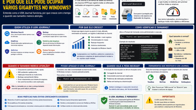 Infográfico explicando o USN Journal do Windows, mostrando sua função no sistema de arquivos NTFS, crescimento do banco de alterações, ferramentas de análise e impacto no armazenamento.