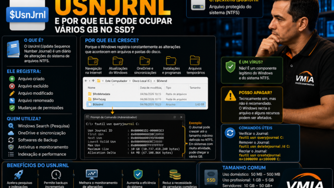 Técnico da VMIA analisando o arquivo UsnJrnl do NTFS que registra alterações em arquivos e pode ocupar vários gigabytes no SSD.