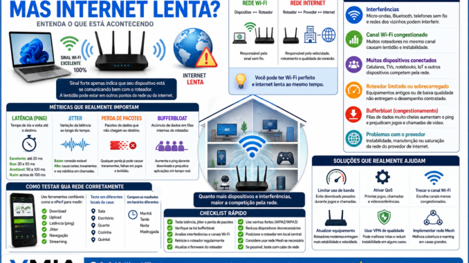 Infográfico explicando por que o Wi-Fi pode apresentar sinal máximo enquanto a internet continua lenta, abordando latência, jitter, perda de pacotes, bufferbloat, interferências e congestionamento da rede.
