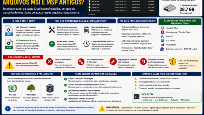 Infográfico explicando por que o Windows mantém arquivos MSI e MSP antigos na pasta C:\Windows\Installer, mostrando sua função, riscos de exclusão e formas seguras de liberar espaço.