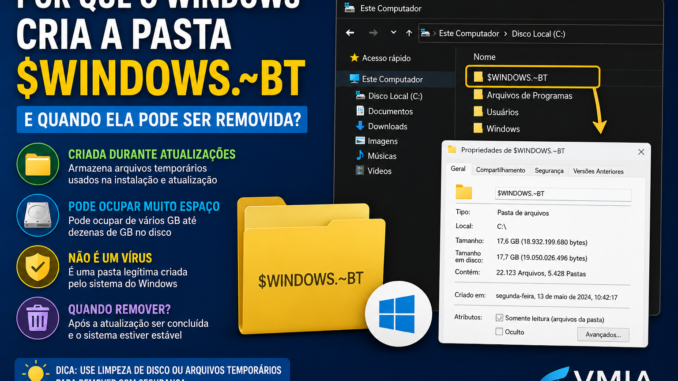 Pasta $WINDOWS.~BT do Windows exibida no Explorador de Arquivos mostrando informações sobre sua função durante atualizações do sistema e quando pode ser removida com segurança.