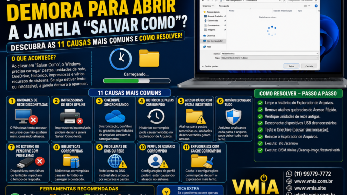 Notebook exibindo a janela "Salvar Como" do Windows carregando lentamente, ilustrando problemas relacionados a unidades de rede desconectadas, OneDrive, impressoras offline, histórico corrompido e cache do Explorador de Arquivos.