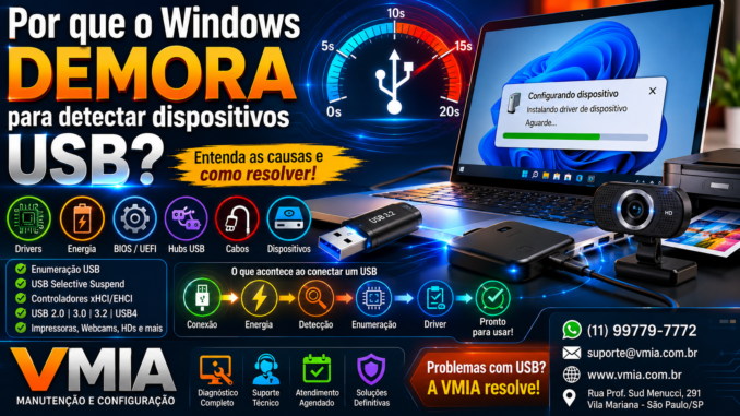 Notebook com Windows configurando um dispositivo USB enquanto um pendrive, webcam e HD externo aparecem conectados, ilustrando a demora no reconhecimento de dispositivos USB causada por drivers, controladores ou configurações do sistema.